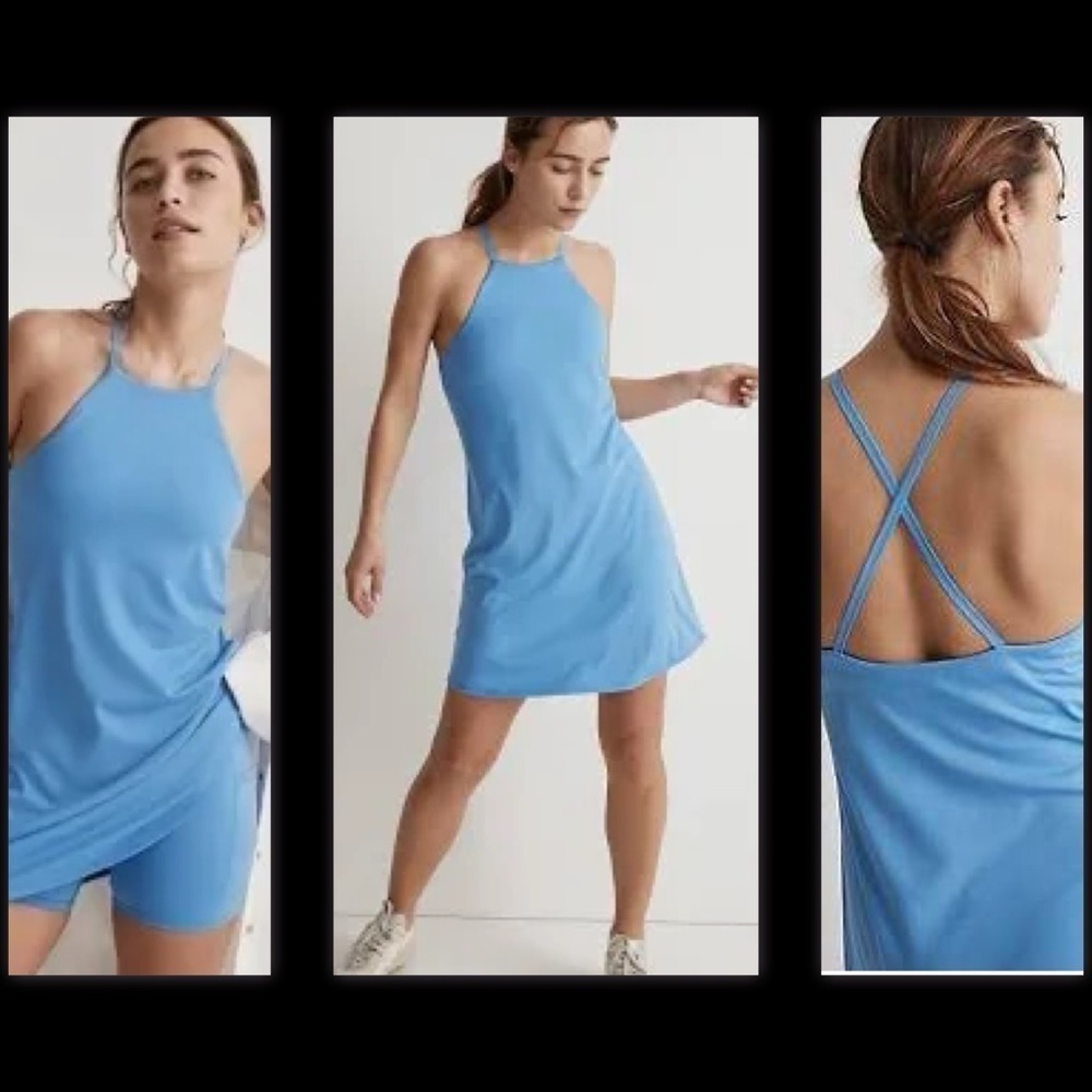 Madewell Flex Fitness Blue Halter Recycled Polyester UPF 40+Tenniscore Dress XS